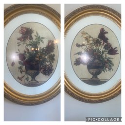 Pair Of Gold Framed Round Floral Prints