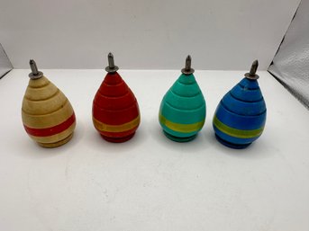 Vintage Wood Toy Spinning Tops With Original Paint & Metal Tip Lot Of 4