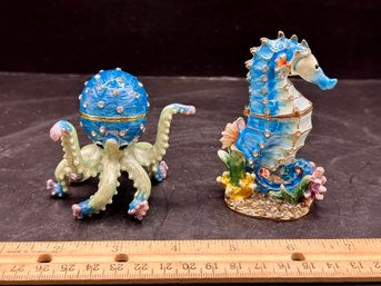 Octopus And Seahorse Bejeweled Enamel Trinket Boxes, Ring Holders