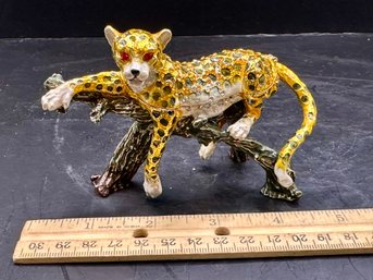 Bejeweled Cheetah Sitting On Branch Enamel Trinket Box.