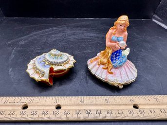 Bejeweled Enamel Hinged Mermaid And Shell Trinket Boxes
