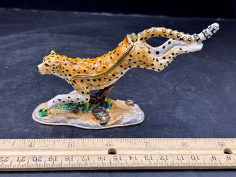 Bejeweled Leaping Cheetah Enamel Trinket Box