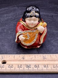 Bejeweled Asian Lady With Mandolin Enamel Trinket Box