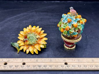 Bejeweled Partridge In A Pear Tree / Sunflower Enamel Trinket Boxes