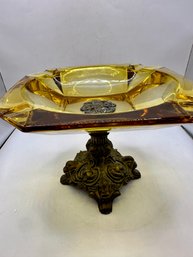 Vintage Regency Amber Pedestal Ashtray Cast Metal Base