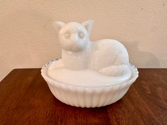 Milk Glass Covered Cat Dish