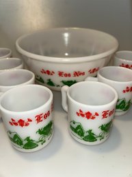 Vintage Hazel Atlas Milk Glass Eggnog Bowl With 7 Cups.