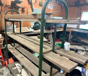 Wheeled Industrial Shelf With Wooded Shelves, Metal Frame