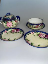 Hand Painted Nippon Sugar Bowl, Teacup, 3 Saucers