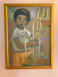 Framed Oil, Asian Boy Signed Anen