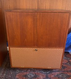 Mid Century Teak Cabinet / Fabric Checkerboard Drop Down Front