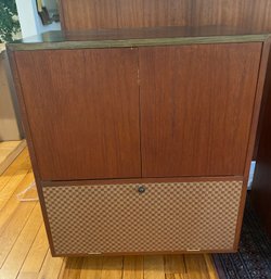 Mid Century Teak Cabinet / Fabric Checkerboard Drop Down Front