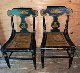 Pair Of Antique Chairs, Black Painted , Cane Seats