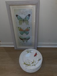 Framed Butterfly Print & 7 Butterfly Plates
