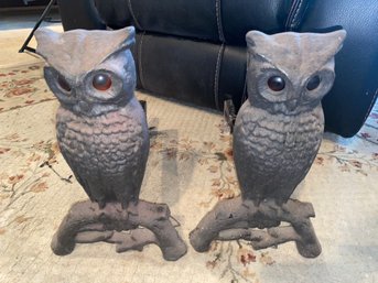 Pair Of Cast Iron Owl Andirons With Amber Glass Eyes