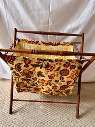 1960s Folk Art Sewing Caddy Basket With Wooden Folding Frame