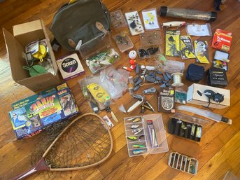 Lot Of Fishing- Net, Reel, Knife, Lures, Hooks, Weights, Etc