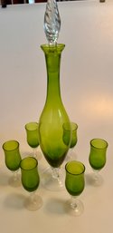 Midcentury Modern Green Glass Decanter And Glasses