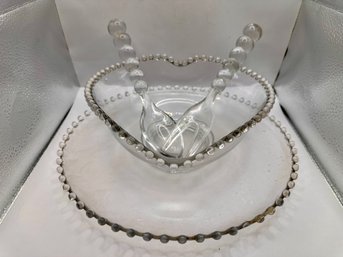 Imperial Glass Co Heartshaped Glass Bowl, Serving Spoons, Platter