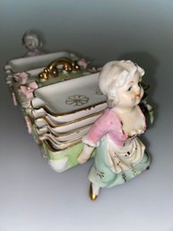 Vintage Porcelain Boy And Girl Gold Trim Ashtray Set 8 Removable Ashtrays With Cigarette Box Wit