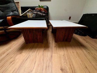 Pair Of Vintage Vertically Stacked Rattan Coffee Table With Formica Top