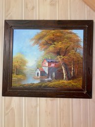 Framed Oil, Mill On Pond Signed R. Scott