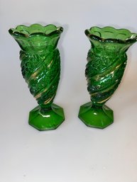 EAPG Antique Pressed Glass Green Gold Vase Pair