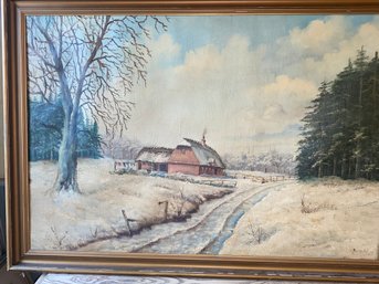 Vintage Signed Oil, Winter Farm