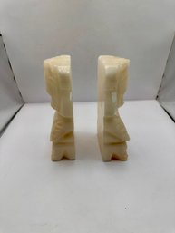 Set Of 2 Aztec Mayan Tiki Carved Marbled Onyx Stone Bookends