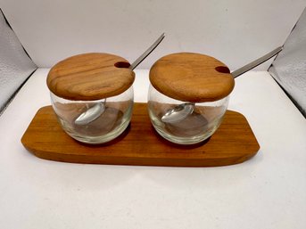 Midcentury 1960s Teak Condiment Set Tray Covered Dish And Spoon