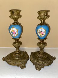 French Sevres Style Bronze, Porcelain Candlestick Holders