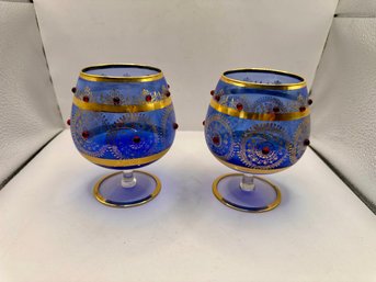 Set Of 2 Blue Goblets With Gold Accents And Red Beads