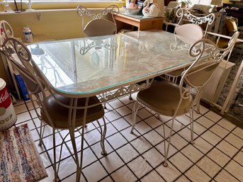 5 Piece White Iron Table With Glass Top And 4 Chairs