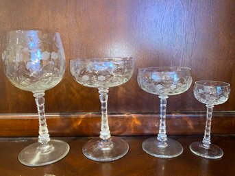 Vintage Etched Crystal Glassware - 63 Pieces