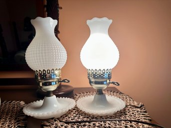 Two Matching Vintage Milk Glass Hobnail Lamps