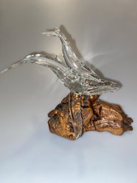 Glass Whales On Signed Driftwood Base