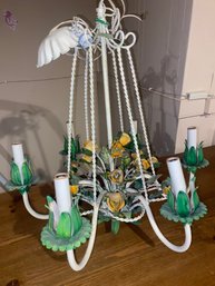 Vintage Ceiling Light Fixture Hanging Lamp Chandelier WHITE METAL FLOWERS