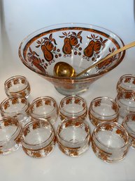 Vintage MCM Georges Briard Punch Bowl And 12 Roly Poly Glasses-Orange/Gold Frui