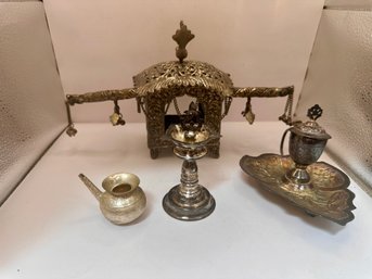 Vintage Engraved Palki Doli Indian Marriage Carriage And Assorted Extras