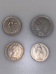 4 Foreign Coins- Swiss, British, Italian