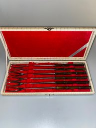 Vintage Stainless Steel & Wood Fondue Fork Set Of 6 Made In JAPAN