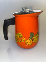 Vintage 1970s Orange Enamelware Coffee Pot Vegetable Design With Black Handle