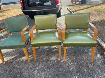 Lot Of THREE Mid-Century Modern Green And Wood Armchair With Brass Tacks.