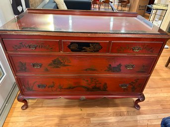 Antique Red Chinoiserie Chest Of Drawers With Glass Top