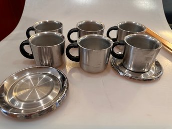 Lot Of 6 Stainless Steel Insulated Coffee Cups And Saycers