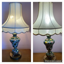 Pair Of Floral Lamps On Brass Base