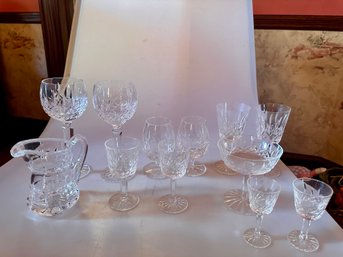 Lot Of Twelve Mixed Size Waterford Glasses And Pitcher