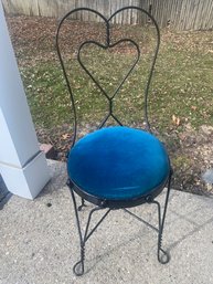 Vtg Black Wrought Iron Ice Cream Parlor Chair - Blue Velvet Seat