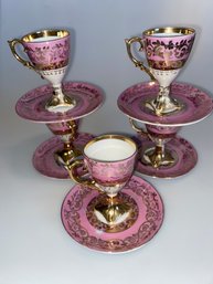 Set Of 5 Pink  & Gold Teacups & Saucers Vintage
