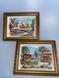 Vintage Japanese Hand Painted Tile Winter & Farm  Scene